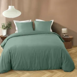 Housse de couette 240 x 220 cm microfibre unie lavée LIAM Cèdre 2 taies incluses