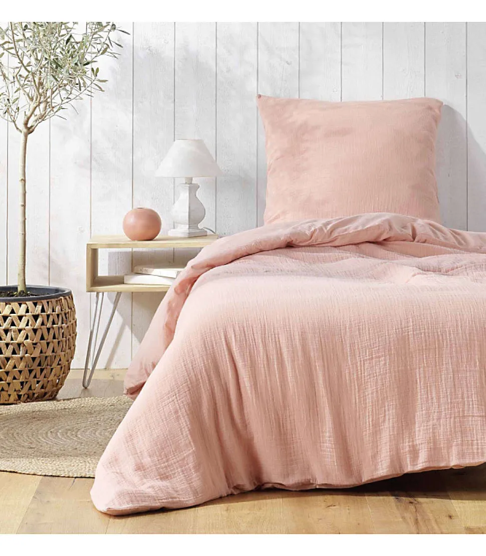 Housse de couette double gaze coton uni Vieux rose 140x200cm - 140x200cm - Rose