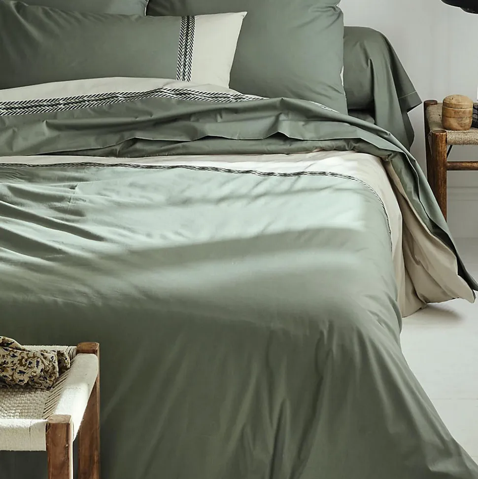 Housse de couette en percale de coton au galon géométrique (280x240 cm - Vert Olive)
