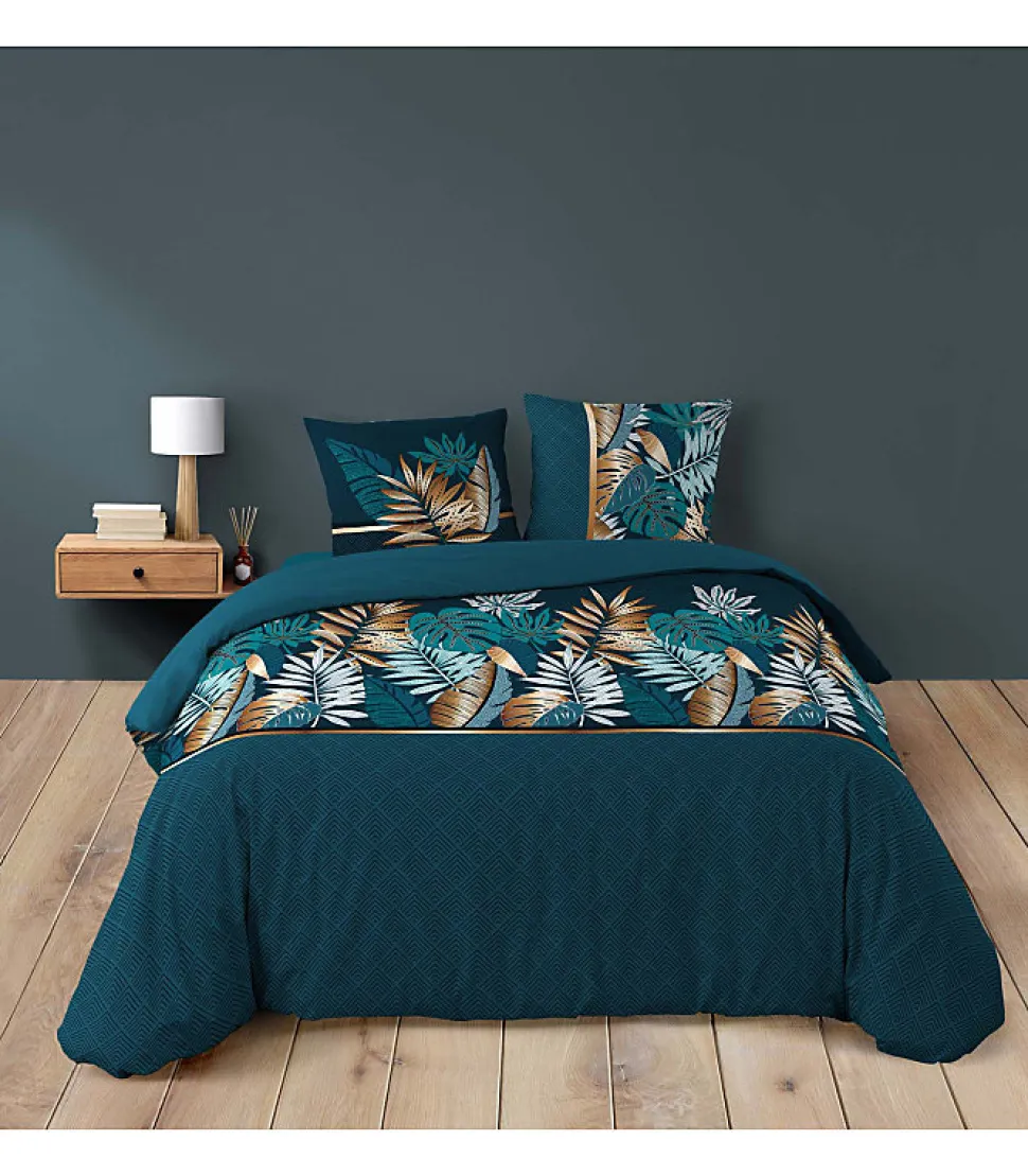 Housse de couette imprimé allover 42 fils "Alianor" - 220x240cm - Bleu canard