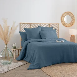 Housse de couette Linah - bleu canard - lin lavé 260x240 cm - Atmosphera