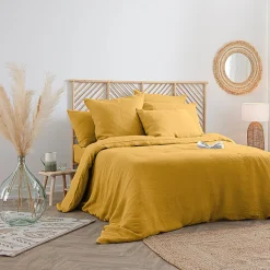 Housse de couette Linah - jaune ocre - lin lavé 260x240 cm - Atmosphera