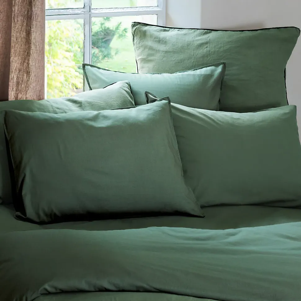 Housse de couette PALACE pur coton lavé 240x220 cm uni vert cedre