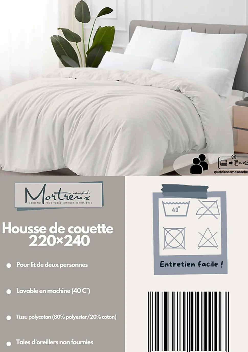 Housse de couette Polycoton Blanc - 2 personnes 220 x 240 - Toutes saisons - MORTREUX