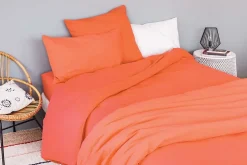 Housse de couette unie en coton Lavé (200x200 cm - Orange corail)