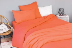 Housse de couette unie en coton Lavé (140x200 cm - Orange corail)