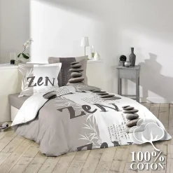 Housse de couette 240x220 + 2 taies Galets Zen coton 42 fils
