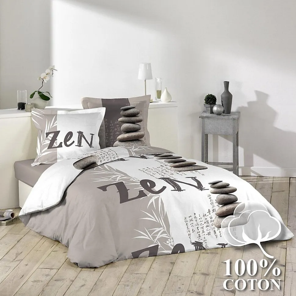 Housse de couette 240x220 + 2 taies Galets Zen coton 42 fils