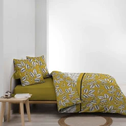 Housse de couette 260x240 + 2 taies Marjolaine ocre coton 52 fils