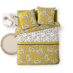 Housse de couette 260x240 + 2 taies Marjolaine ocre coton 52 fils