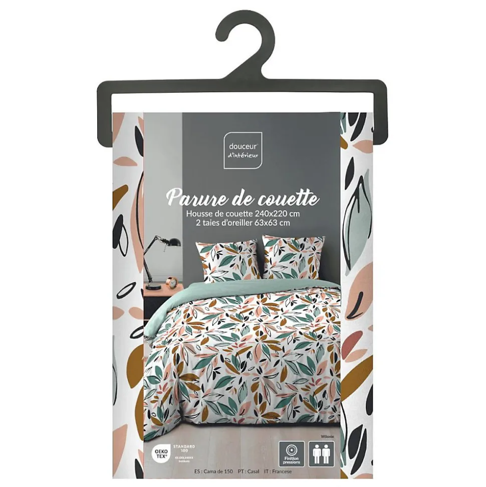 Housse de couette 240x220 + 2 taies imprimées feuillages