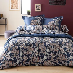 Housse de couette 240x220 cm satin de coton BOTANIC bleu Nuit