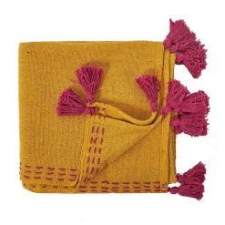 Jeté de canapé surpiqué pompons jaune 130x150 cm