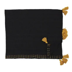 Jeté de canapé surpiqué pompons noir 130x150 cm