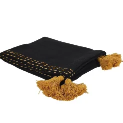 Jeté de canapé surpiqué pompons noir 130x150 cm