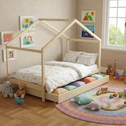 KOALA Lit cabane enfant avec tiroir - Bois pin massif - Naturel - Sommier inlcus - 90x190cm