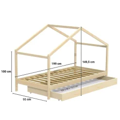KOALA Lit cabane enfant avec tiroir - Bois pin massif - Naturel - Sommier inlcus - 90x190cm