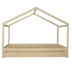 KOALA Lit cabane enfant avec tiroir - Bois pin massif - Naturel - Sommier inlcus - 90x190cm