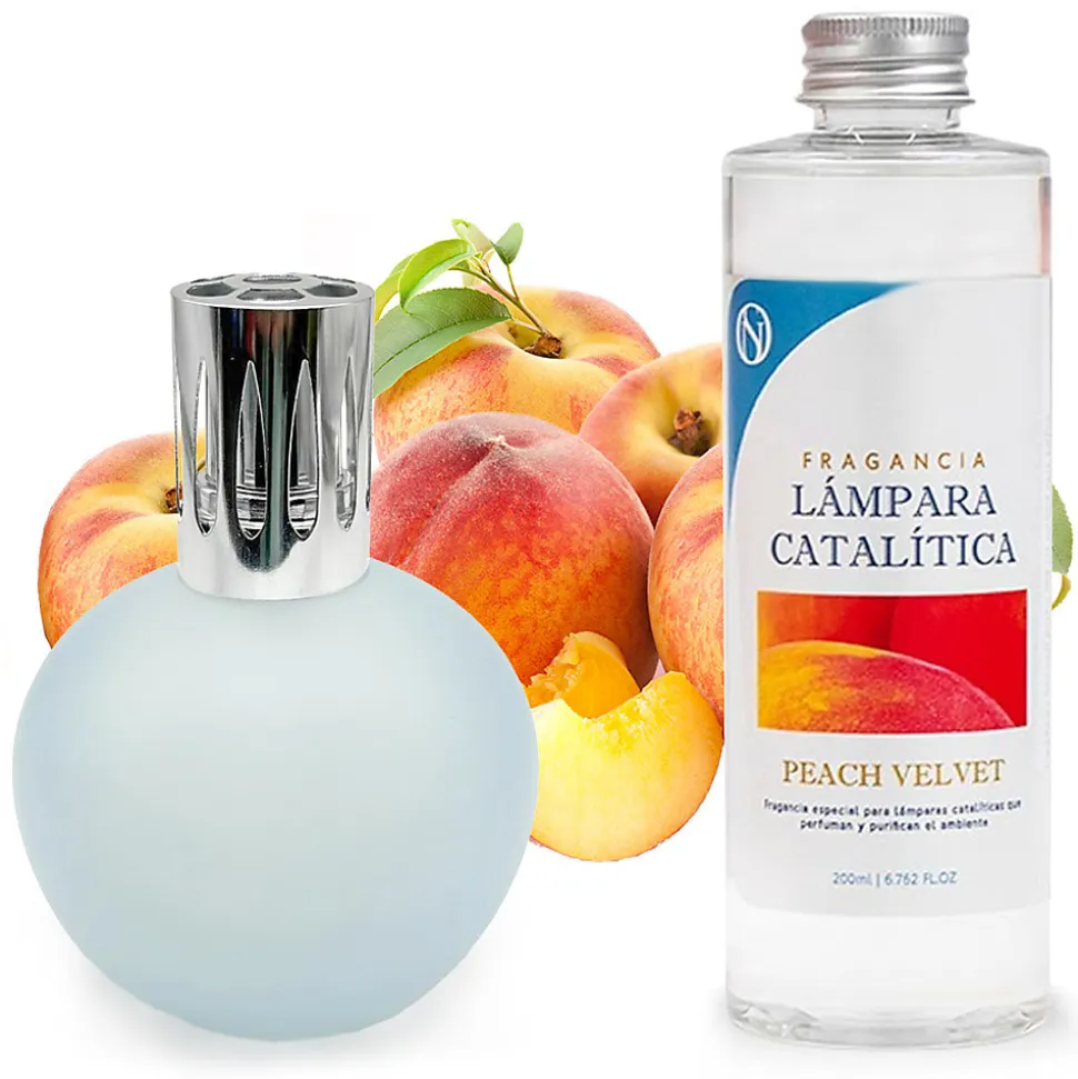 Lampe catalytique Bleu Gris Mat + Arôme Peach Velvet 200 ml - Élimine mauvaises odeurs, parfume et améliore la qualité de l'air
