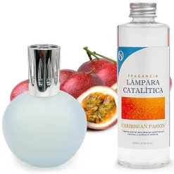 Lampe catalytique Bleu Gris Mat + Parfum Caribbean Passion 200 ml. Élimine mauvaises odeurs, parfume et améliore qualité de l'air
