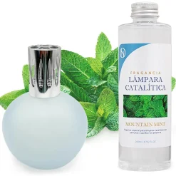 Lampe catalytique Bleu Gris Mat + Arôme Mountain Mint 200 ml - Élimine mauvaises odeurs, parfume et améliore la qualité de l'air