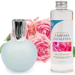 Lampe catalytique Bleu Gris Mat + Parfum Bed of Roses 200 ml - Élimine mauvaises odeurs, parfume et améliore la qualité de l'air