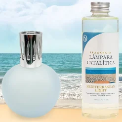 Lampe catalytique Bleu-Gris Mat + Parfum Mediterranean Light 500ml. Élimine mauvaises odeurs, parfume et améliore qualité de air