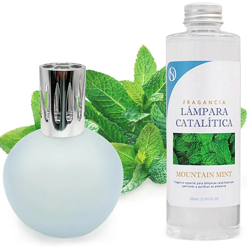 Lampe catalytique Bleu-Gris Mat + Arôme Mountain Mint 500 ml - Élimine mauvaises odeurs, parfume et améliore la qualité de l'air