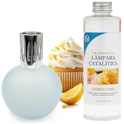 Lampe catalytique Bleu-Gris Mat + Parfum Lemon Cake 500 ml - Élimine les mauvaises odeurs, parfume et améliore la qualité de l'air