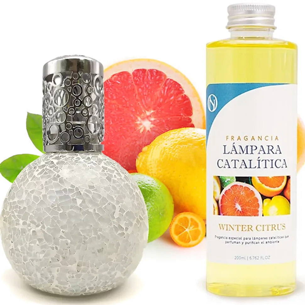 Lampe catalytique Mosaïque Blanc + Arôme Winter Citrus 500 ml - Élimine mauvaises odeurs, parfume et améliore la qualité de l'air