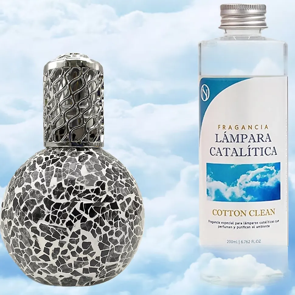 Lampe catalytique Mosaïque Noir + Parfum Cotton Clean 500 ml - Élimine mauvaises odeurs, parfume et améliore la qualité de l'air