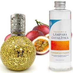 Lampe catalytique Mosaïque Doré + Parfum Caribbean Passion 500 ml - Élimine mauvaises odeurs, parfume et améliore qualité de l'air