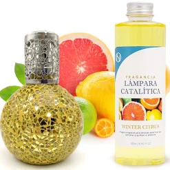 Lampe catalytique Mosaïque Doré + Arôme Winter Citrus 200 ml - Élimine mauvaises odeurs, parfume et améliore la qualité de l'air