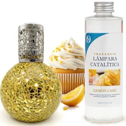 Lampe catalytique Mosaïque Doré + Parfum Lemon Cake 200 ml - Élimine mauvaises odeurs, parfume et améliore qualité de l'air