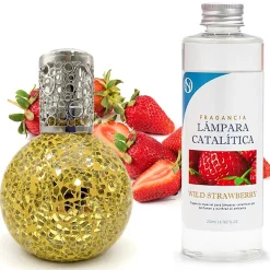 Lampe catalytique Mosaïque Doré + Arôme Wild Strawberry 500 ml - Élimine mauvaises odeurs, parfume et améliore la qualité de l'air