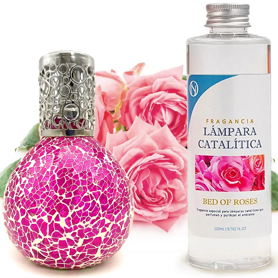 Lampe catalytique Mosaïque Fuchsia + Parfum Bed of Roses 500 ml - Élimine mauvaises odeurs, parfume et améliore qualité de l'air