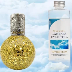 Lampe catalytique Mosaïque Doré + Parfum Cotton Clean 200 ml - Élimine mauvaises odeurs, parfume et améliore la qualité de l'air