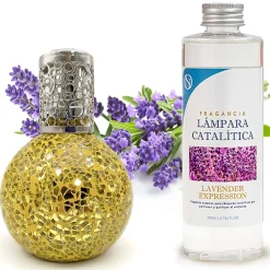 Lampe catalytique Mosaïque Doré + Parfum Lavender Expression 200 ml. Élimine mauvaises odeurs, parfume et améliore qualité de air
