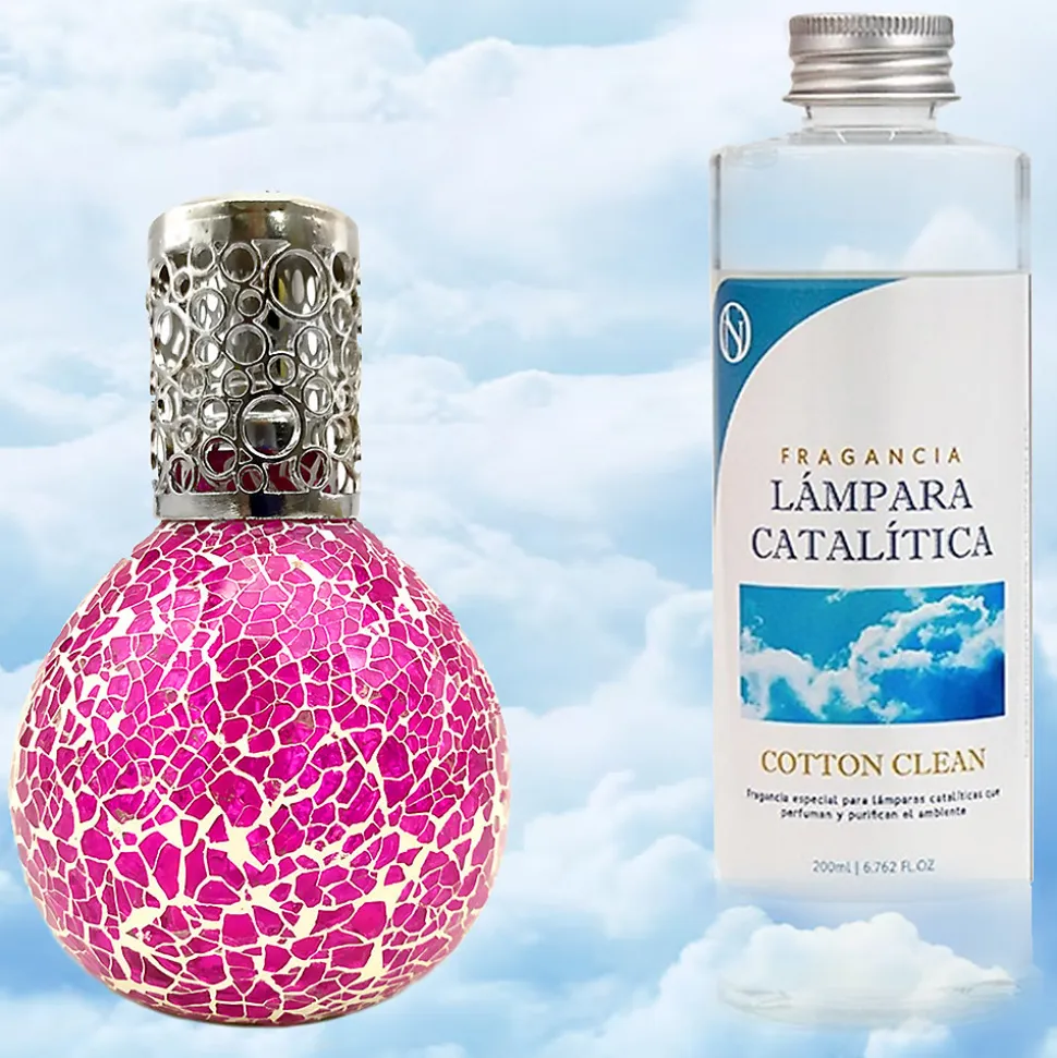 Lampe catalytique Mosaïque Fuchsia + Parfum Cotton Clean 200 ml - Élimine mauvaises odeurs, parfume et améliore qualité de l'air