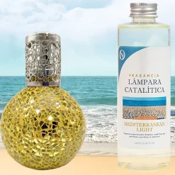 Lampe catalytique Mosaïque Doré + Parfum Mediterranean Light 200 ml. Élimine mauvaises odeurs, parfume et améliore qualité de air