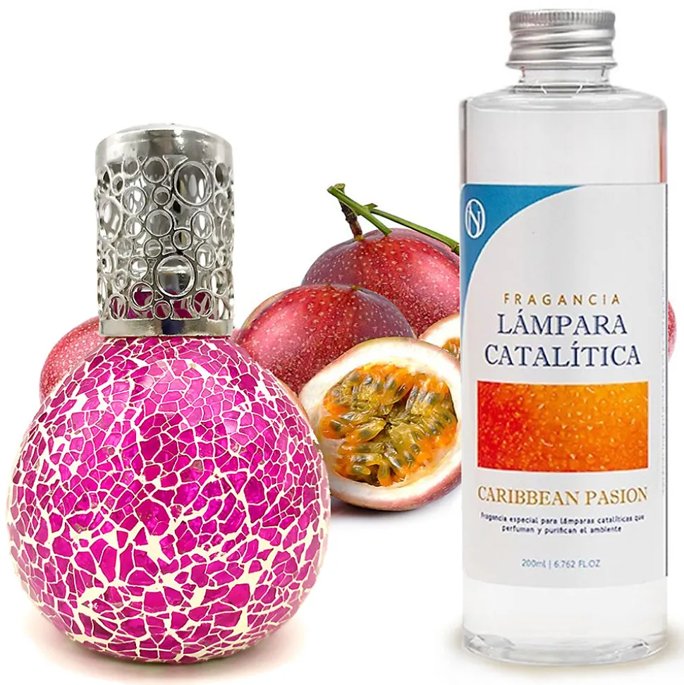 Lampe catalytique Mosaïque Fuchsia + Caribbean Passion 500 ml - Élimine mauvaises odeurs, parfume et améliore qualité de l'air