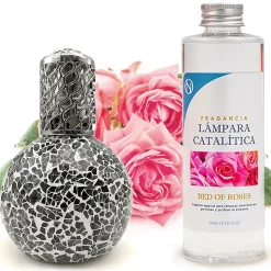 Lampe catalytique Mosaïque Noir + Parfum Bed of Roses 200 ml - Élimine mauvaises odeurs, parfume et améliore la qualité de l'air