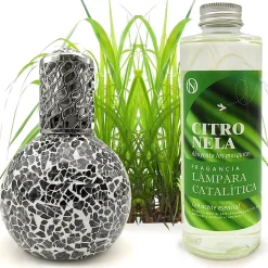Lampe catalytique Mosaïque Noir + Parfum Citronnelle 500 ml - Élimine mauvaises odeurs, parfume et améliore la qualité de l'air