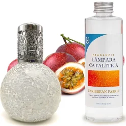 Lampe catalytique Mosaïque Blanc + Parfum Caribbean Passion 200ml. Élimine mauvaises odeurs, parfume et améliore qualité de l'air
