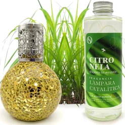 Lampe catalytique Mosaïque Doré + Parfum Citronnelle 200 ml - Élimine mauvaises odeurs, parfume et améliore la qualité de l'air