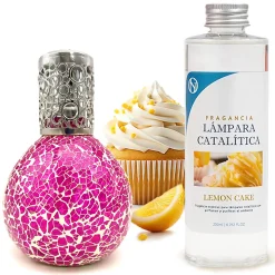 Lampe catalytique Mosaïque Fuchsia + Parfum Lemon Cake 200 ml - Élimine mauvaises odeurs, parfume et améliore qualité de l'air