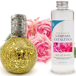 Lampe catalytique Mosaïque Doré + Parfum Bed of Roses 500 ml - Élimine mauvaises odeurs, parfume et améliore la qualité de l'air