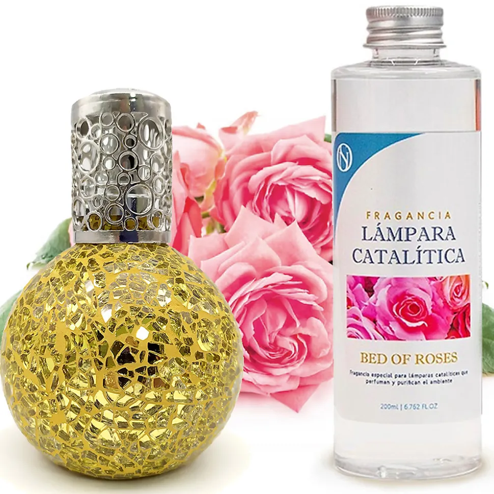 Lampe catalytique Mosaïque Doré + Parfum Bed of Roses 500 ml - Élimine mauvaises odeurs, parfume et améliore la qualité de l'air