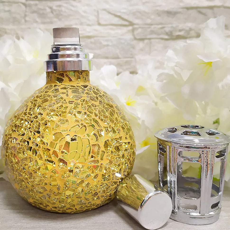Lampe catalytique Mosaïque Doré + Parfum Bed of Roses 500 ml - Élimine mauvaises odeurs, parfume et améliore la qualité de l'air