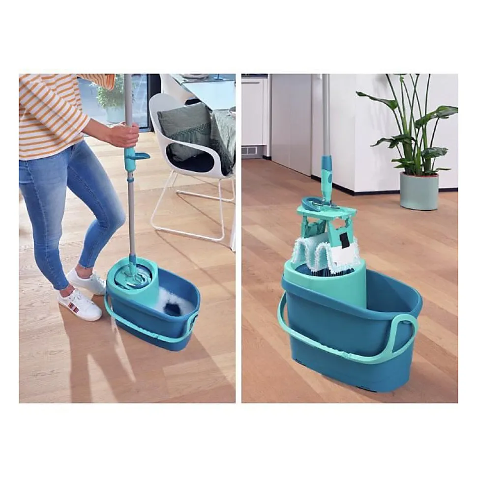 LEIFHEIT Clean Twist M Ergo 52120 Kit de nettoyage sol - Balai a plat lave sol avec housse 33 cm et seau a essorage rotatif faci